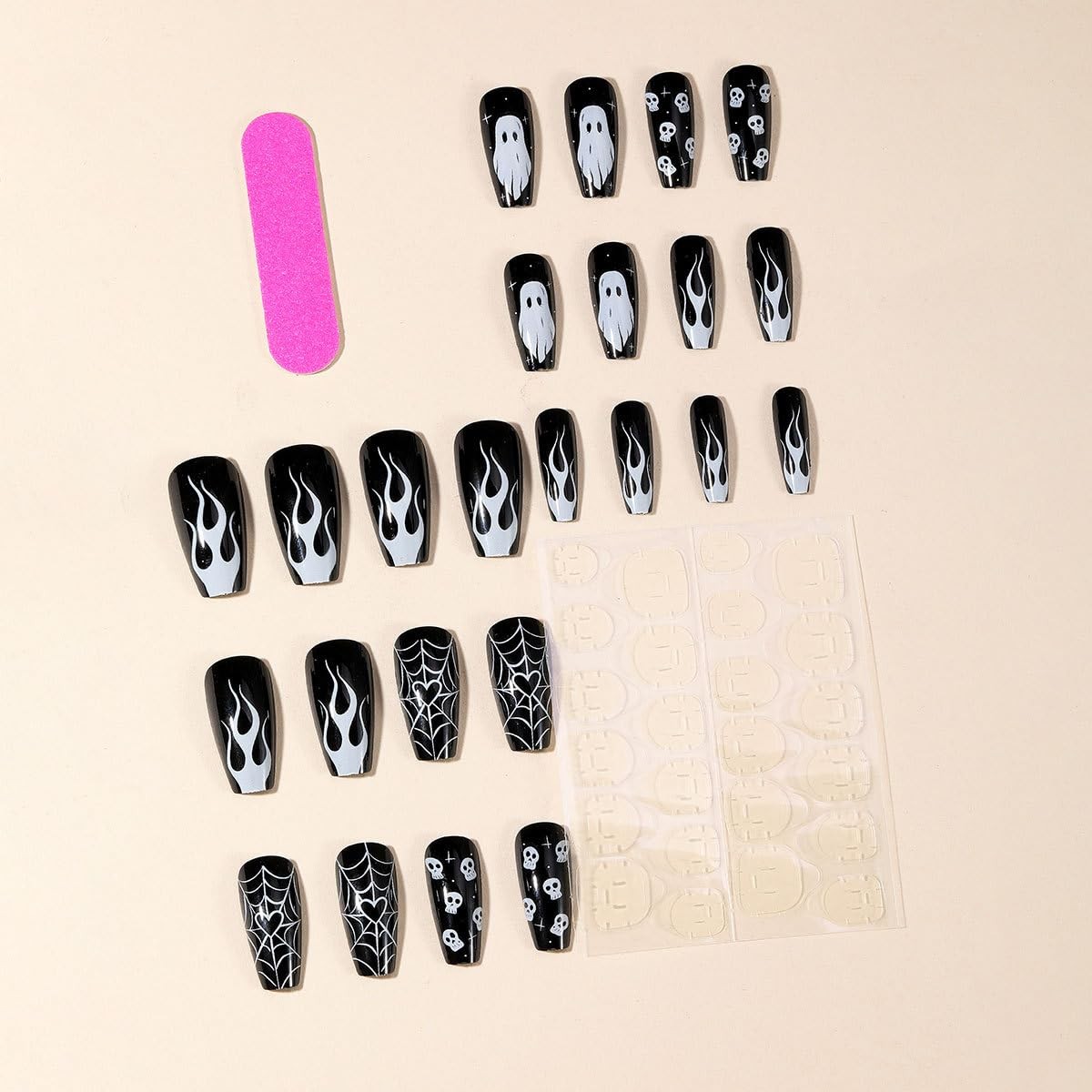 Halloween Press on Nails Long Square Fake Black Spooky Long, Style-A
