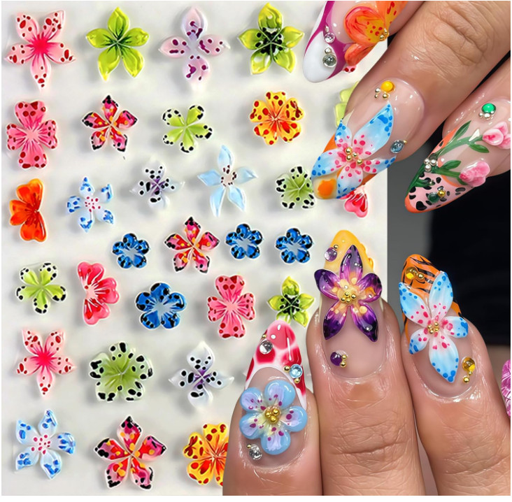 3D Hawaiian Flower Embossed Lily Hibiscus Floral Nail Art Stickers Decor NH29