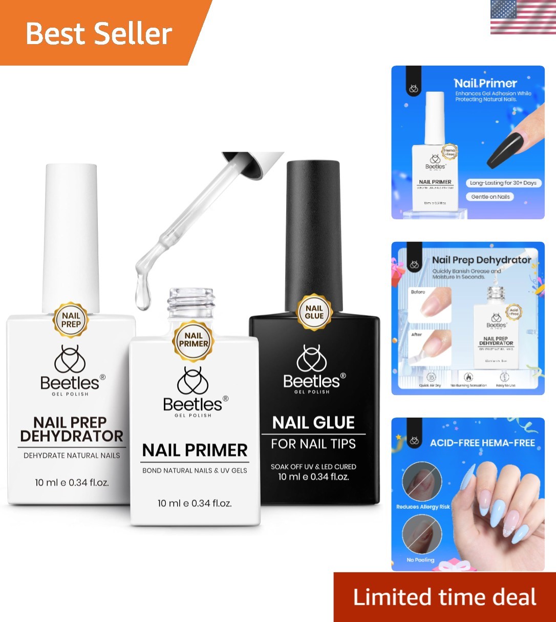 Beetles 3Pcs Gel Nail Glue Kit – Acid-Free & Hema-Free for Longer-Lasting Nails