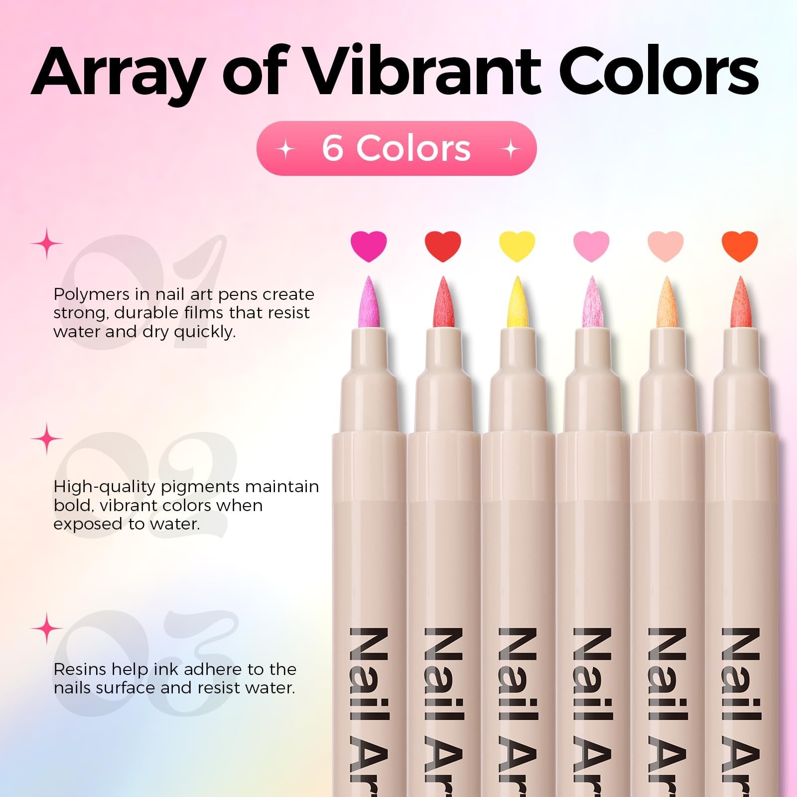 6 Colors Nail Art Pens Set, 3D Nail Polish Pens Quick-Drying Acrylic Paint Marke