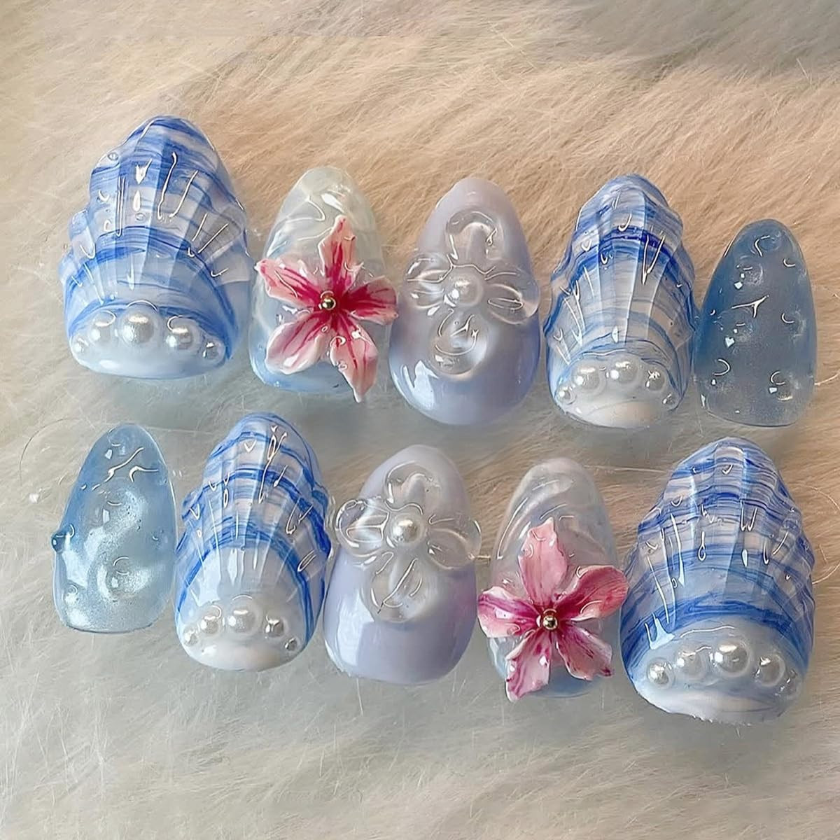 24Pcs Blue Press on Nails Medium Almond Fake Nails Summer Beach False Nails with