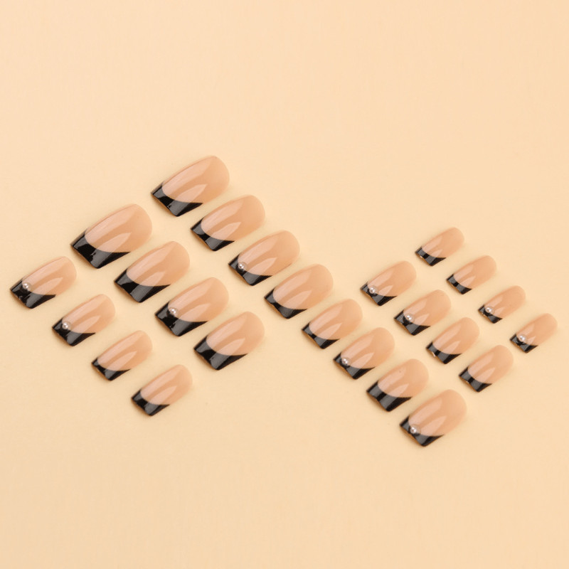 48pcs Short Square Press on Nails, Black French Pearl Nude Gloss Casual Nails