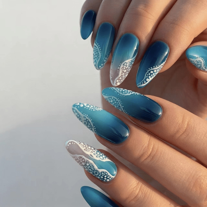48 pieces of medium length almond nail, blues wave gradient, wearable nail art