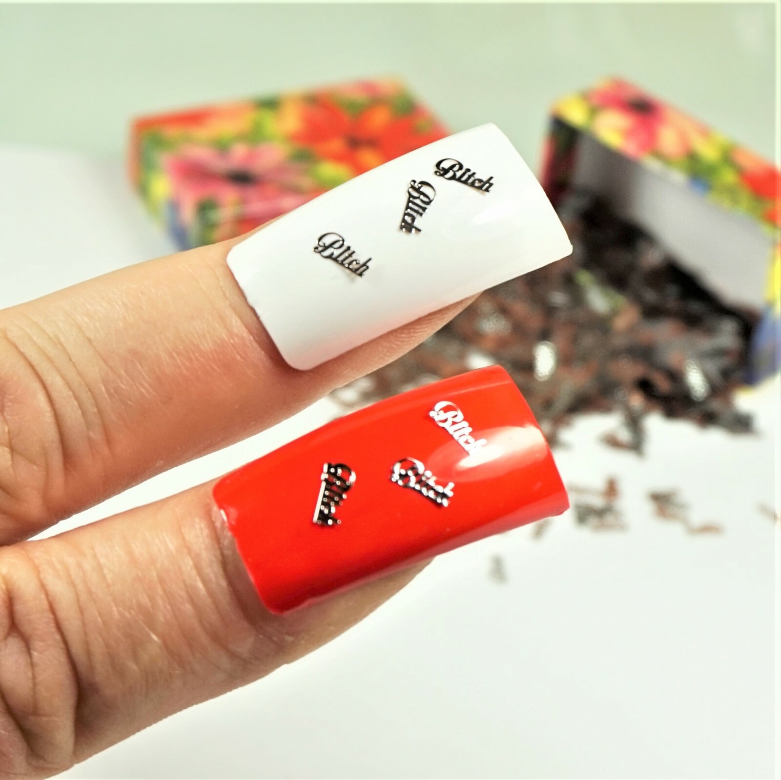 25 BITCH SILVER METAL CHARMS 3D NAIL ART SMALL GIFT IN BOX FOR WOMEN