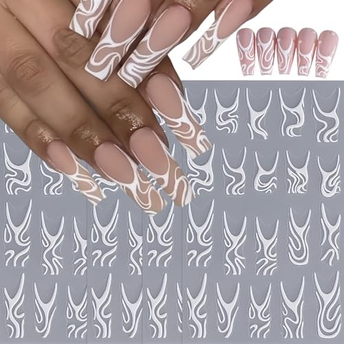 4Pcs White Swirls Lines Nail Stickers 5D Micro-Embossed white swirls lines