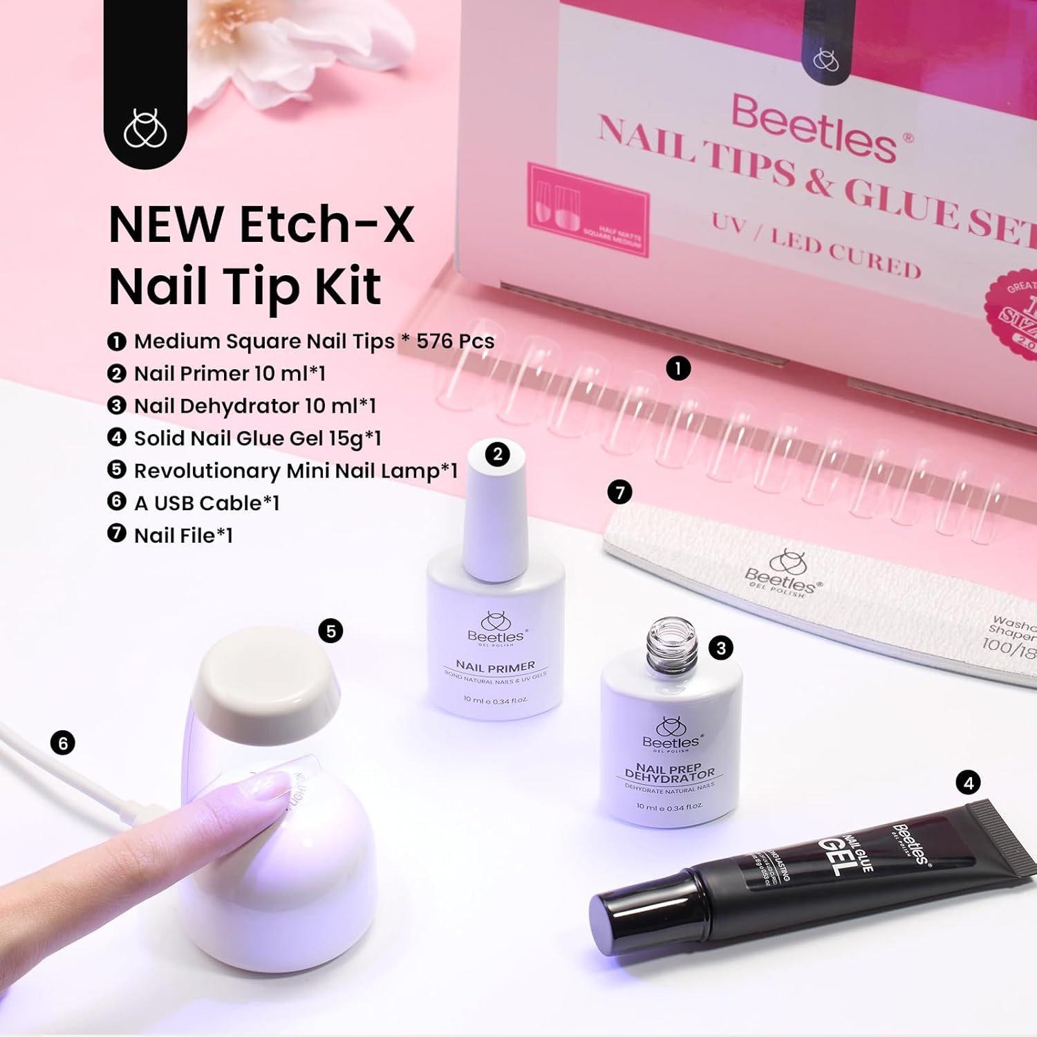 Gel Nail Kit Medium Square, with Dehydrator and Primer, 576Pcs Half Matte Etch-X