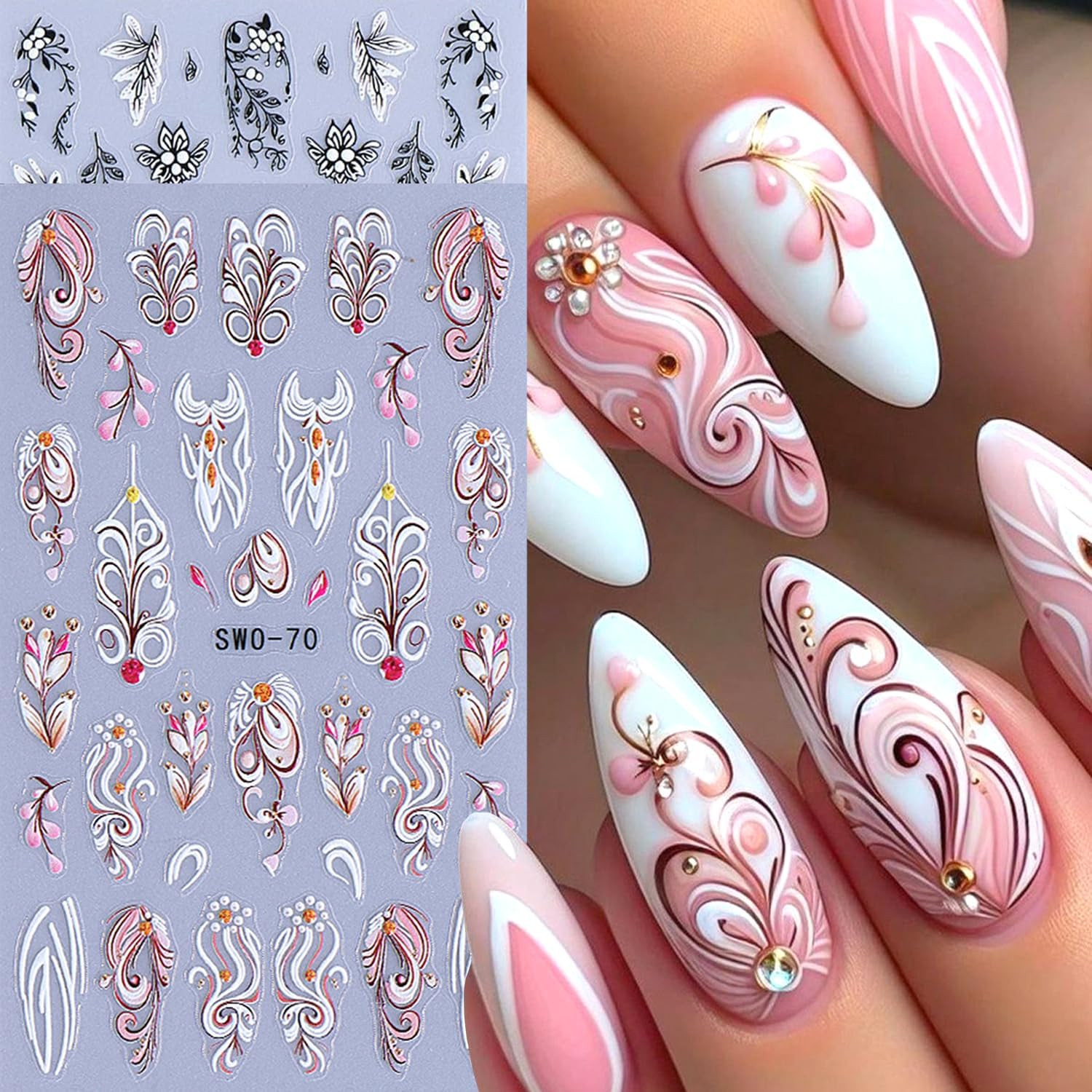 2Sheets Retro Black White Vine Flowers Nail Art Stickers 3D Embossed Pink Flower
