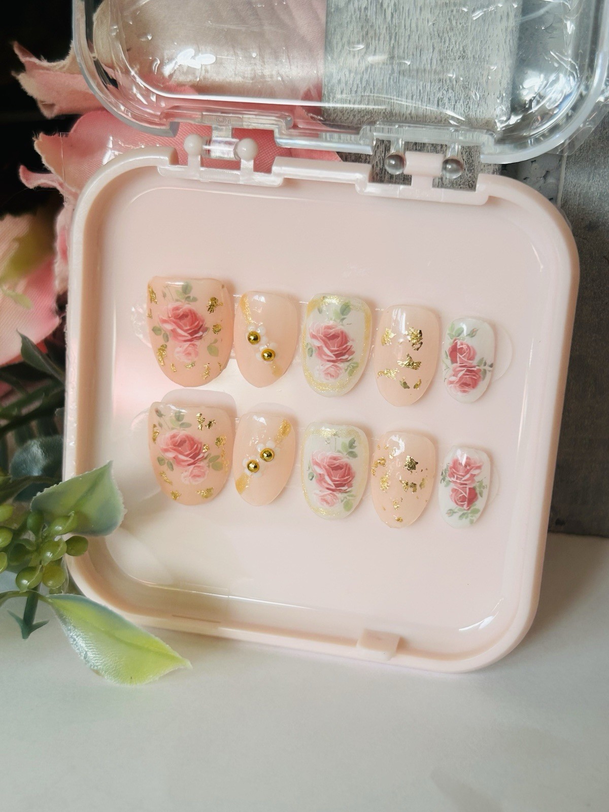 Floral Rose 3D Medium Square Press-On Nails Beige Pink Gold Acrylic