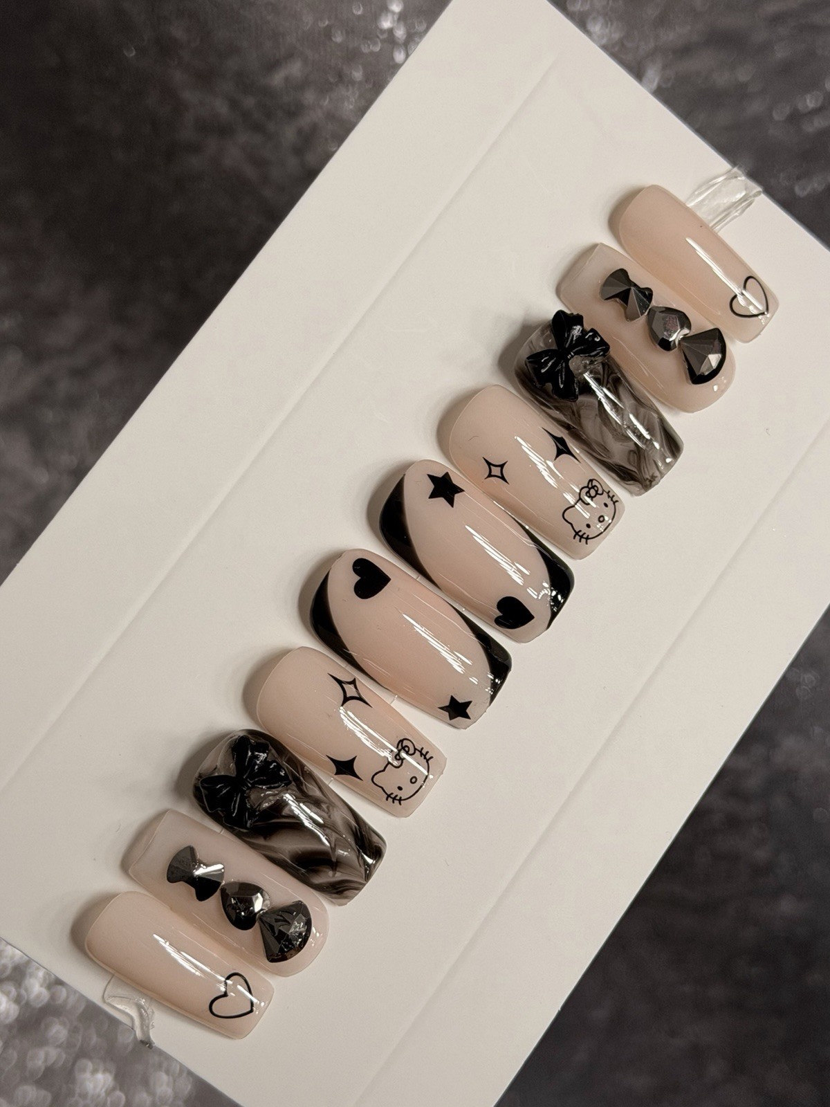 ✨ CUSTOM Press On Nails Nude BLACK HELLO KITTY BLING BOW 10p SET W Kit