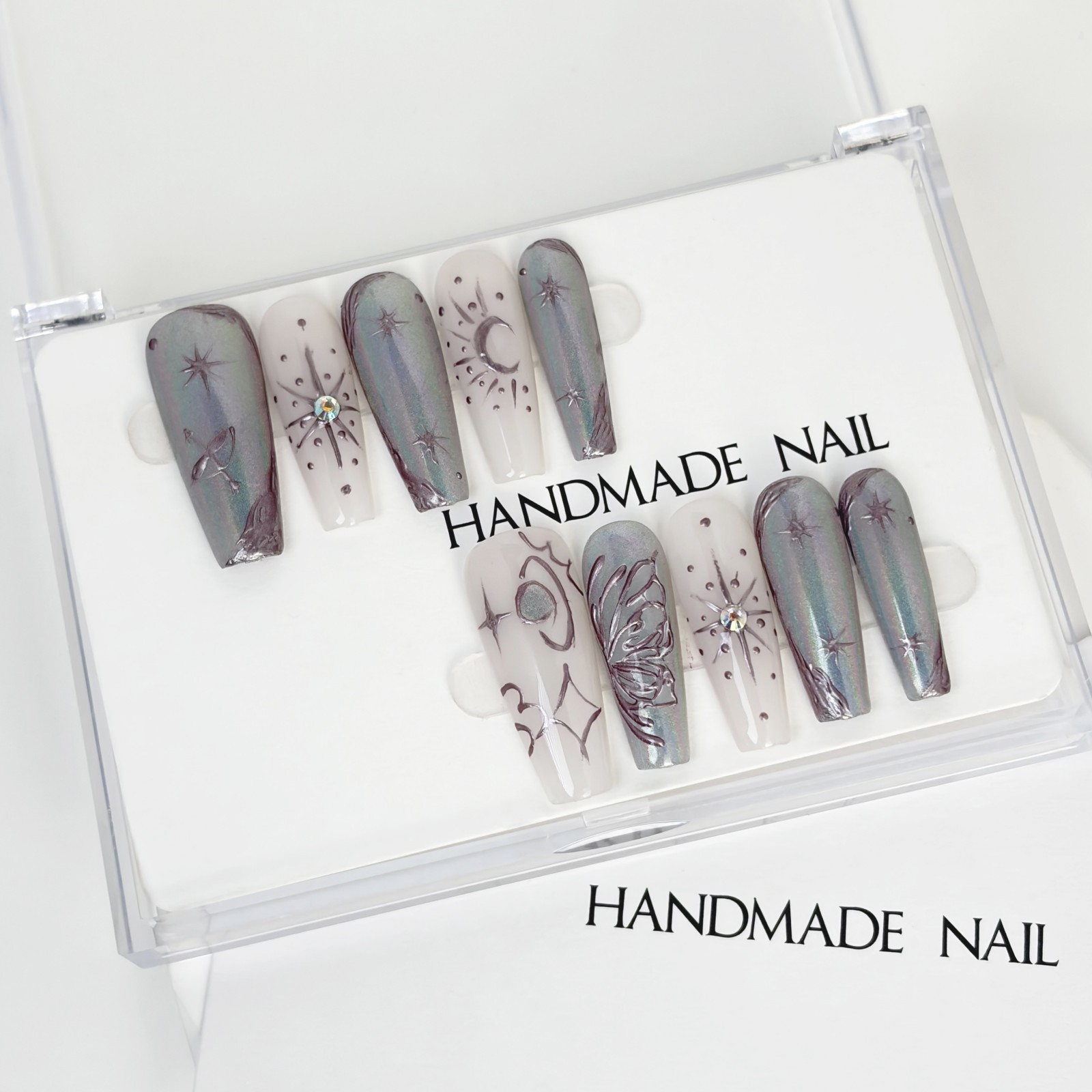Futuristic Silver Gray Diamond Thorn Coffin Press-On Nails with Metal Details