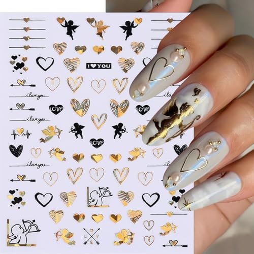 6 Sheets Valentines Heart Nail Art Stickers Black Gold Heart-Shaped 3D heart