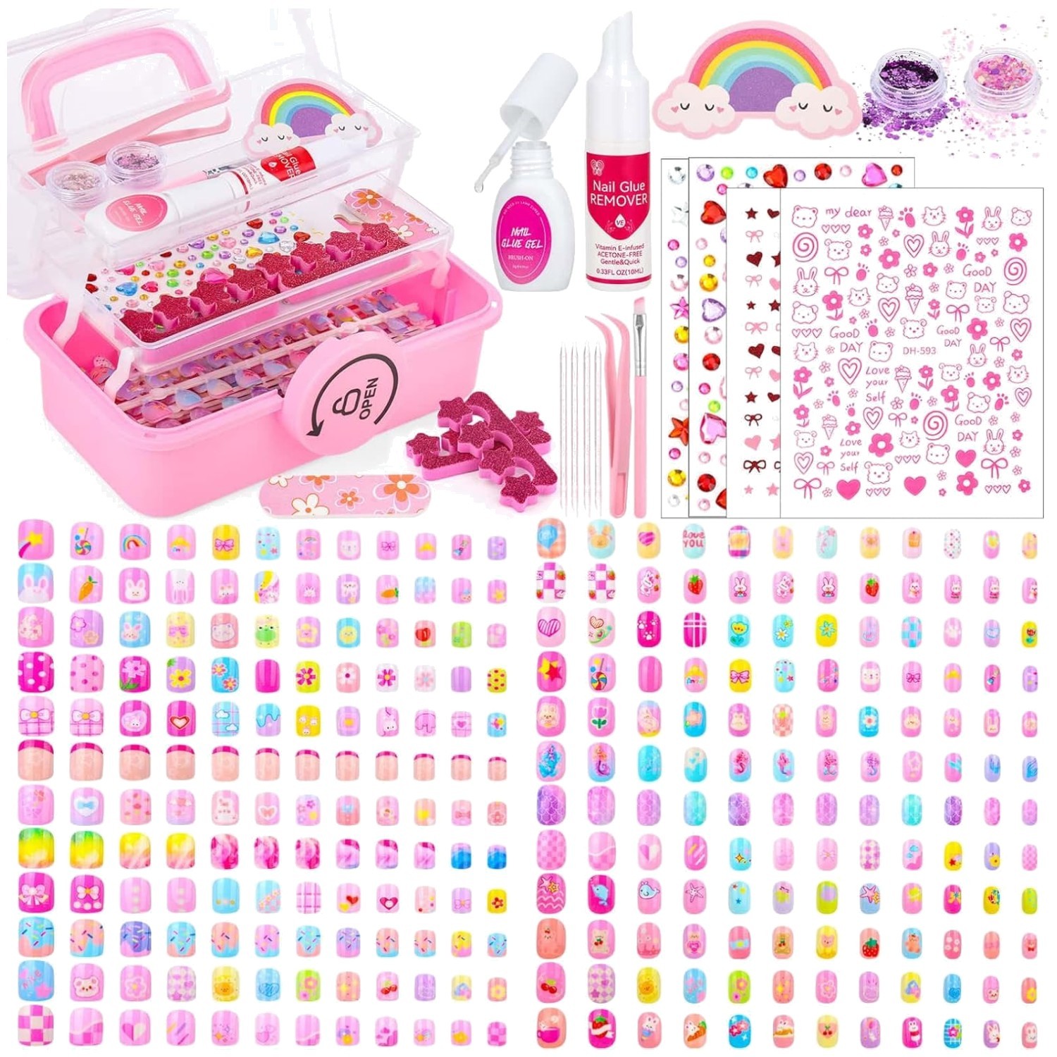 576 Pcs Girls Nail Art Set with Remover & Tweezer