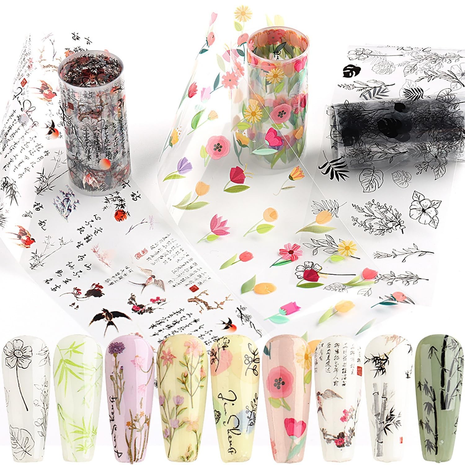 JERCLITY 10 Rolls Flower Nail Foil Transfer Sticker Kit Bamboo Ink Painting P…