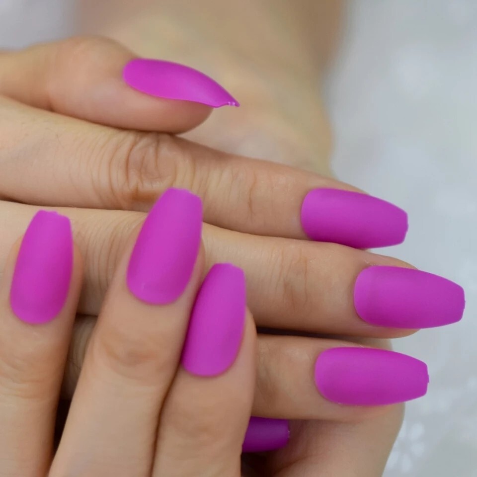 24 Matte Fuschia Press On Nails w/ Glue glitter bright purple medium coffin