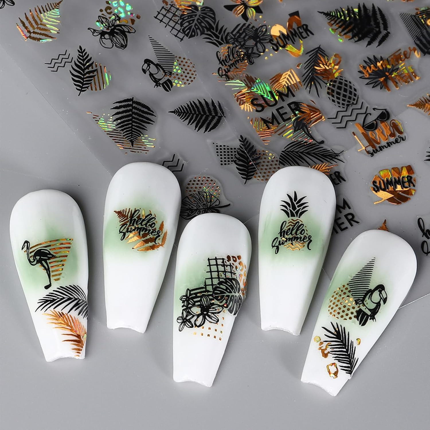 Leaves Nail Art Stickers 12 Sheets Metallic Gold Silver Palm Leaf Flamingo Na…