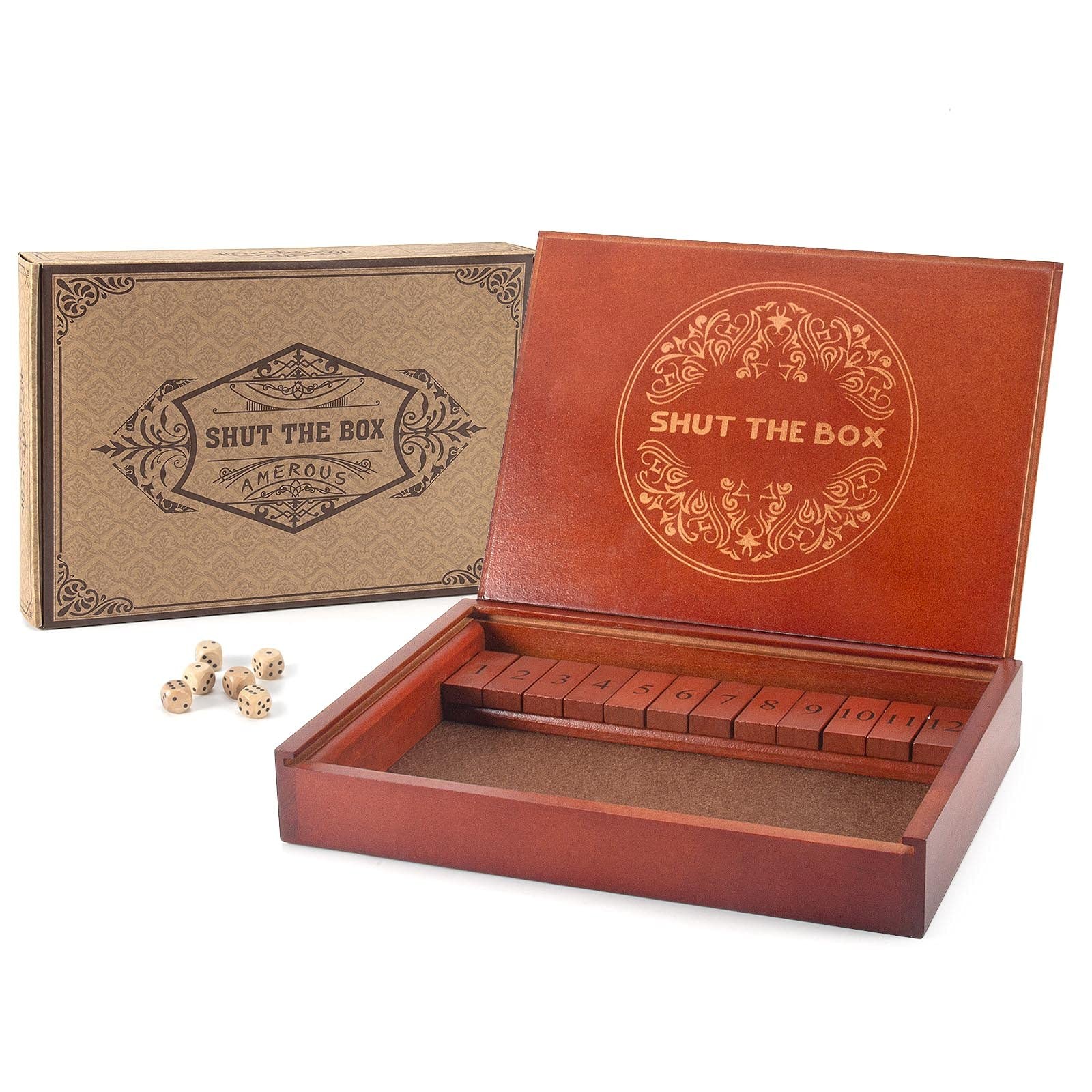 AMEROUS Shut The Box Dice Game，Wooden Board 220.5 cubic inches, Multicolor