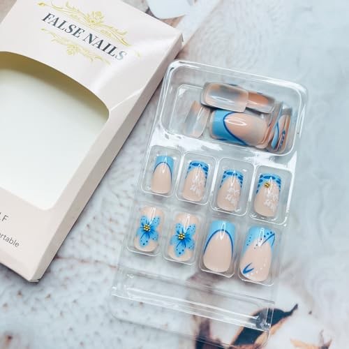 Set of 24 Short Square Fake Blue French Tip Nails – 6 Pieces