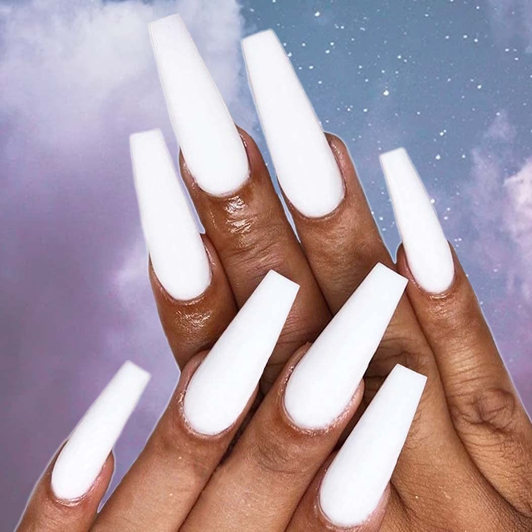 Matte White Press on Nails Coffin Long Fake Nails Solid Acrylic False Nails w…