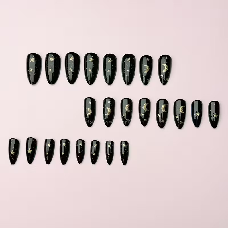 24pcs Almond Medium Press-On Nails, Golden & Black Starry Night, Crescent Moon
