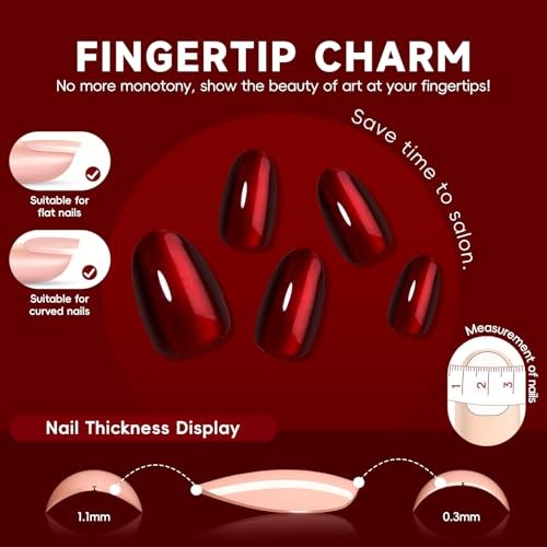 HOSAILY Red Cat Eye Valentines Press on Nails Short Oval, Deep Red Black Cherry