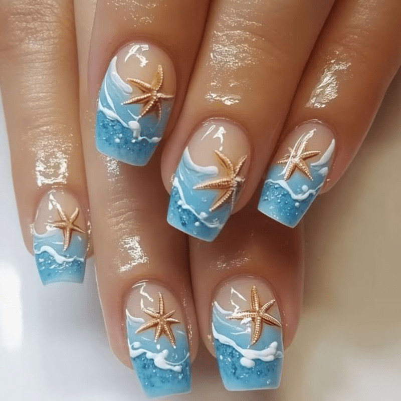48pcs Short Square Press on Nails, Blue Wave 3D Starfish Beach Summer Nails