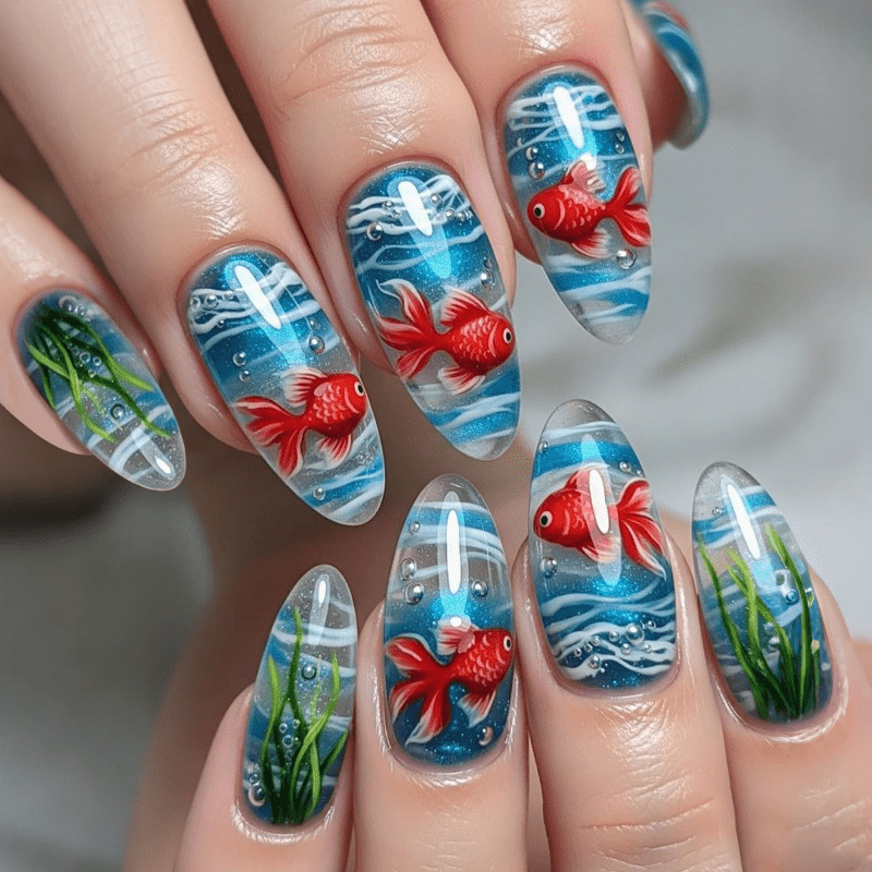 48 Pcs Goldfish Wave Oval Press on Nails, Dreamy Ocean Style Summer Fake Nails