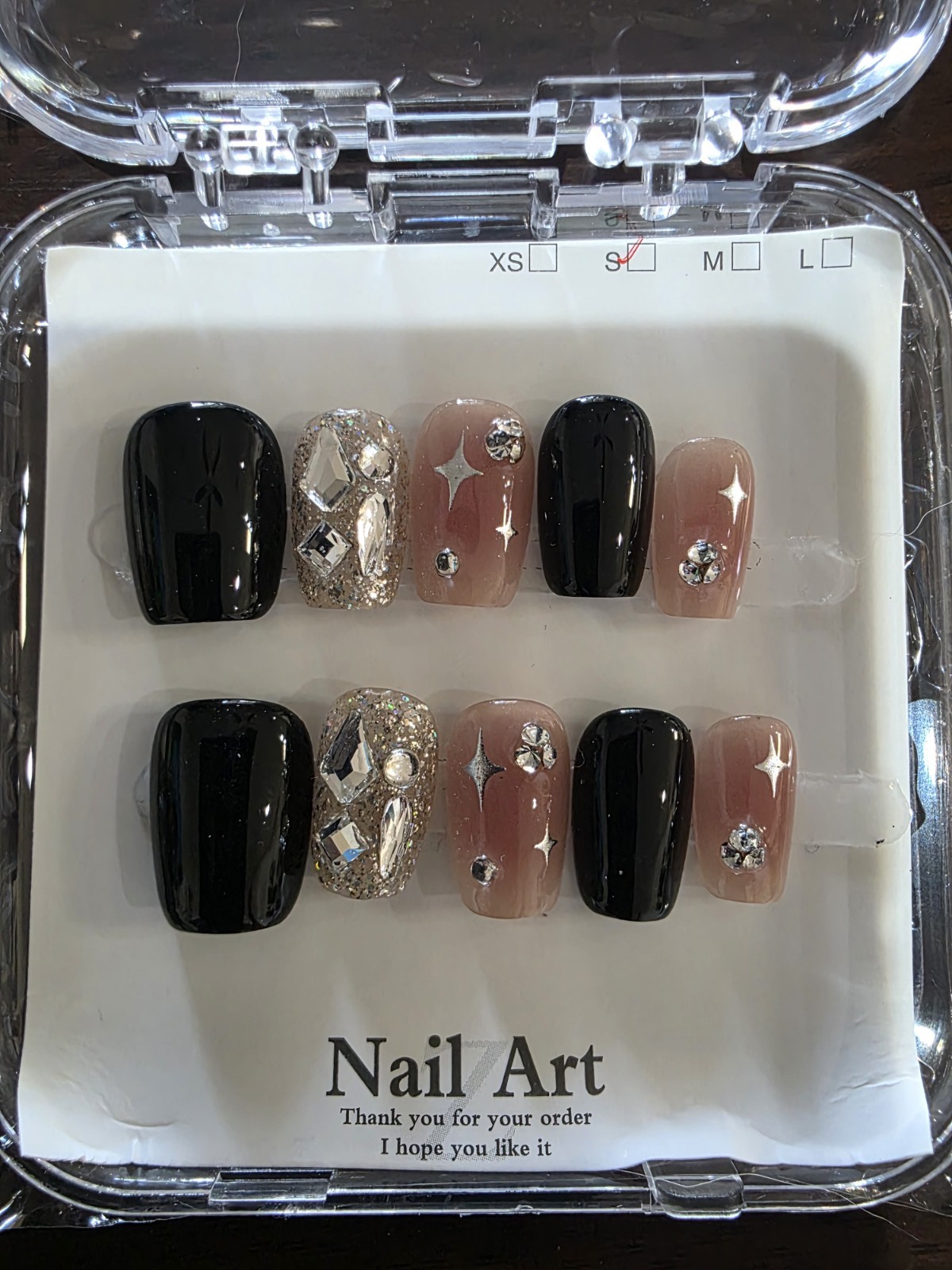 Square Press on Nails Short Fake Black Pink Silver Designs Handmade S Small