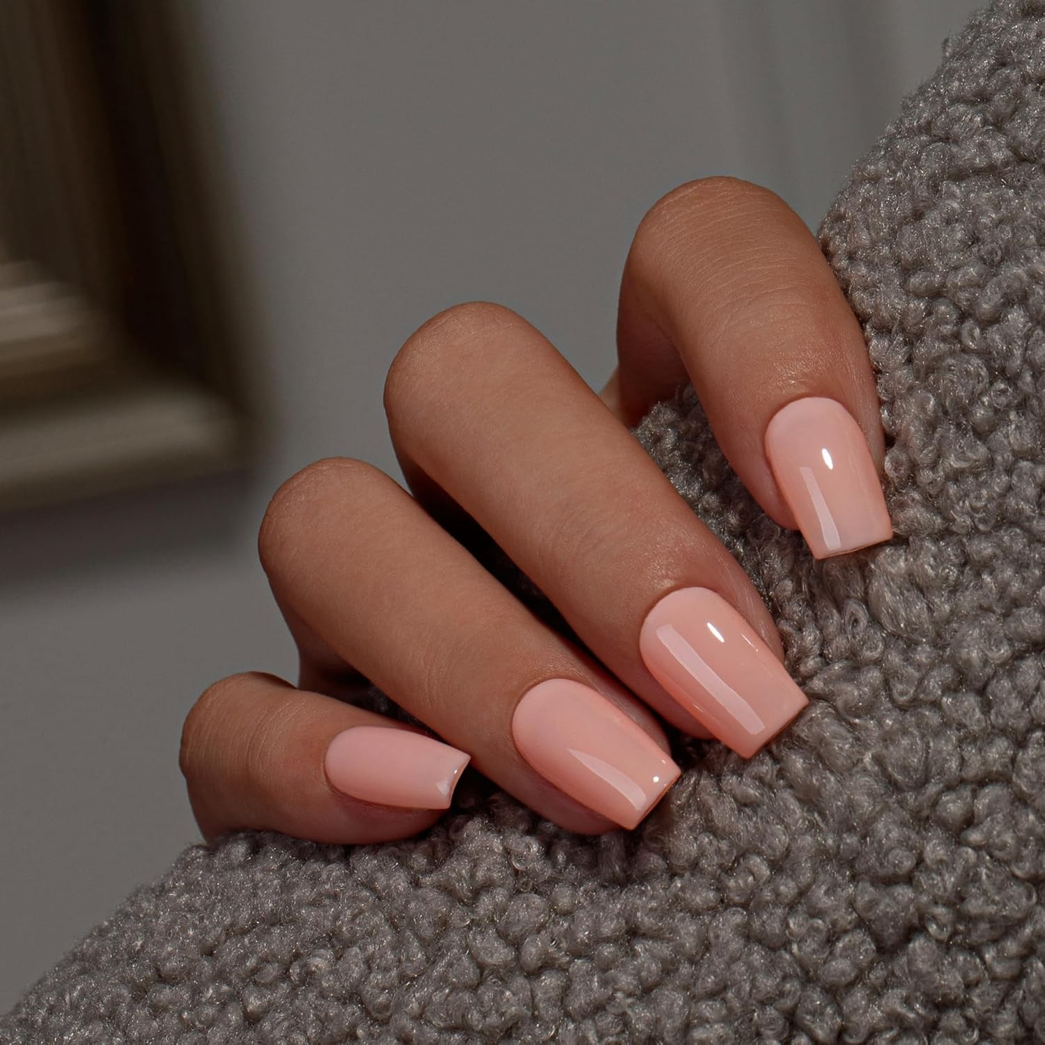 KQueenest Nude Pink Press On Nails Medium Square – Acrylic Coffin Nails, Sheer