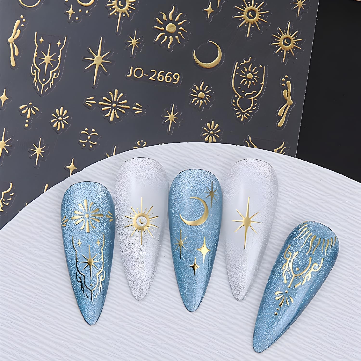 12 Sheets Silver Gold Moon Star Nail Art Stickers – 3D Self Gold Silver Star