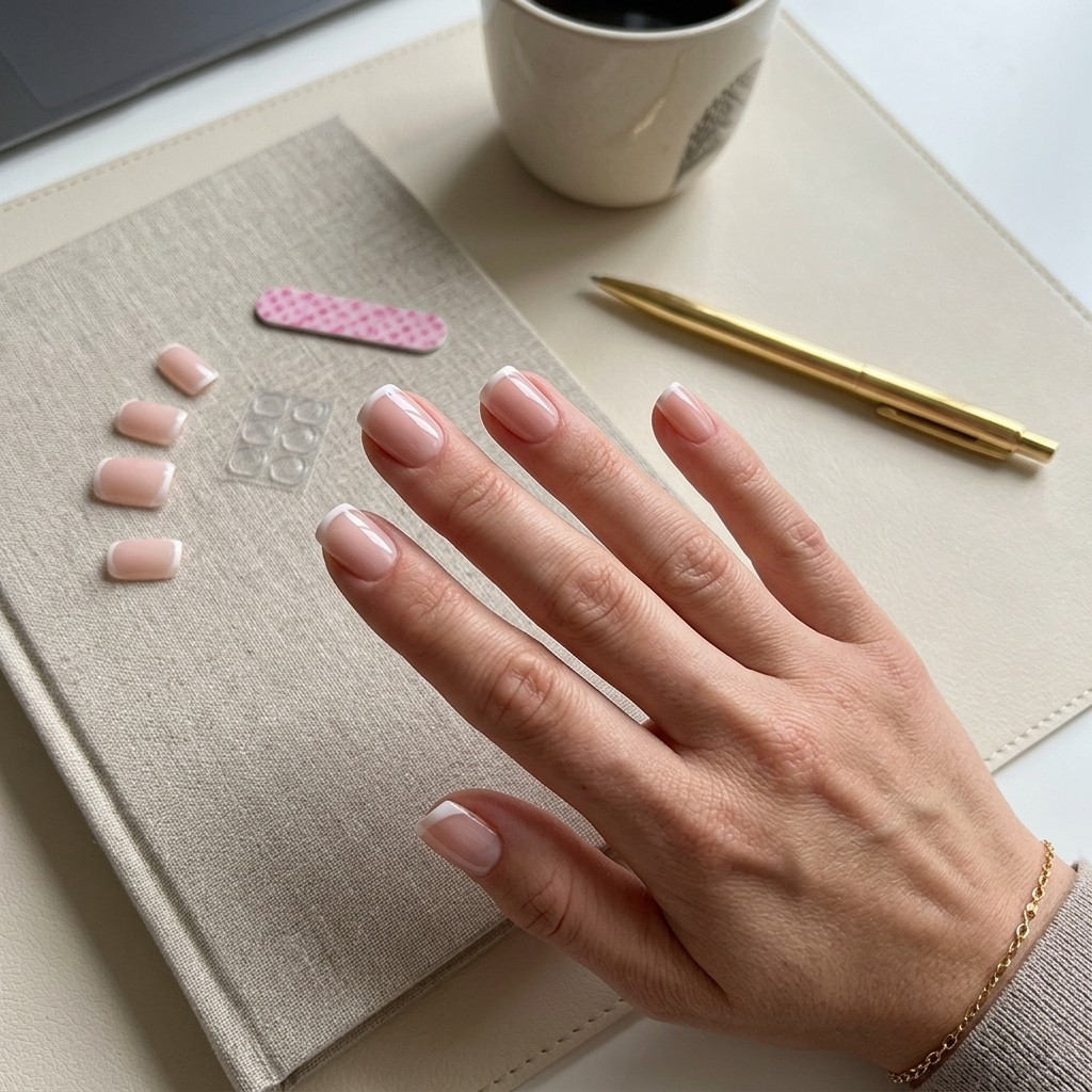 24Pcs Short French Tip Press On Nails Pink White False Nail Kit