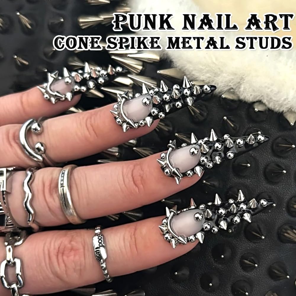 3D Mini Metal Punk Nail Art Studs Mixed Sizes Silver Black Cone Spike Metalli…
