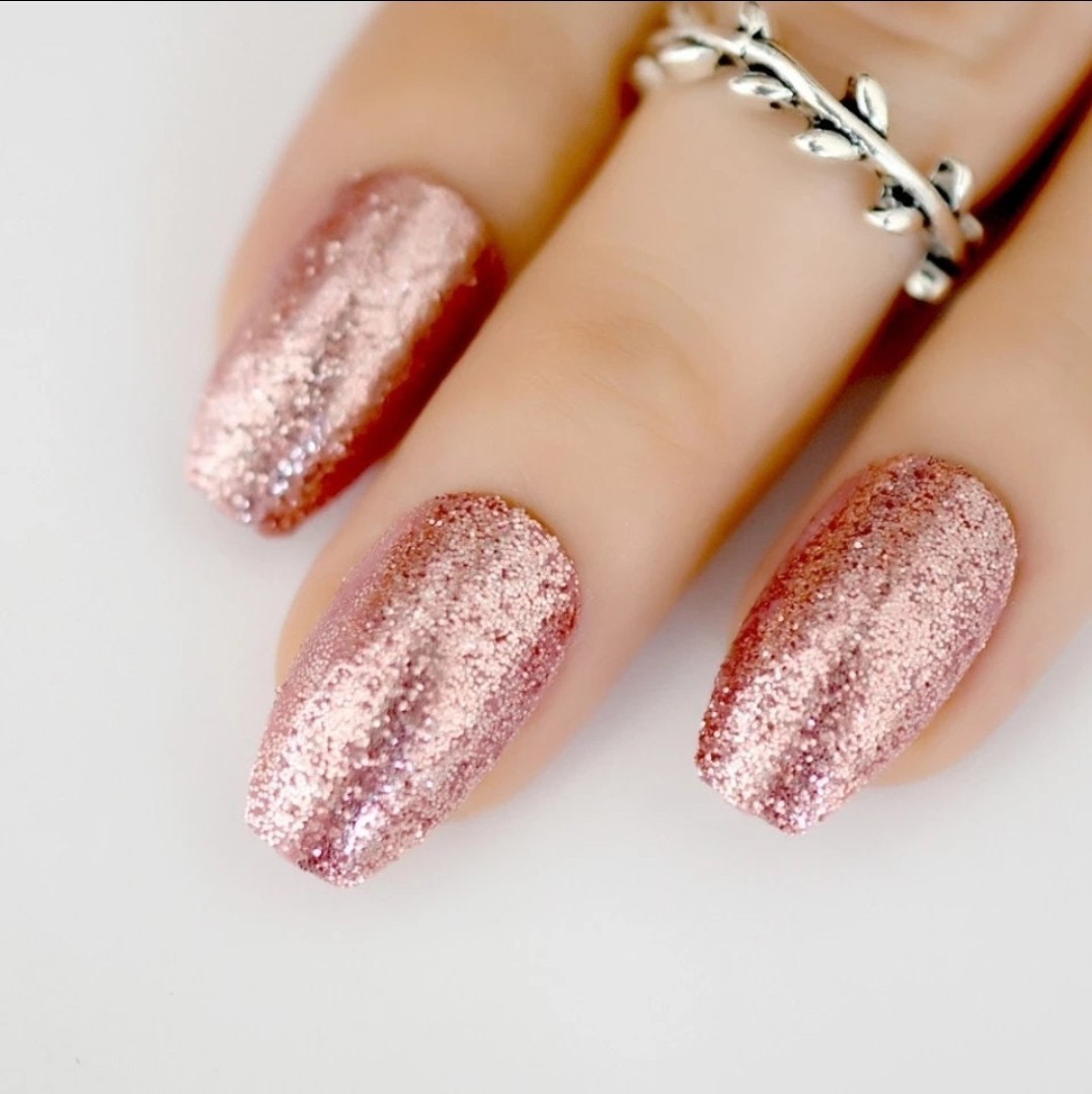 24 Pink Rose Gold Glitter Press on nails kit w/ glue Medium Coffin sparkle