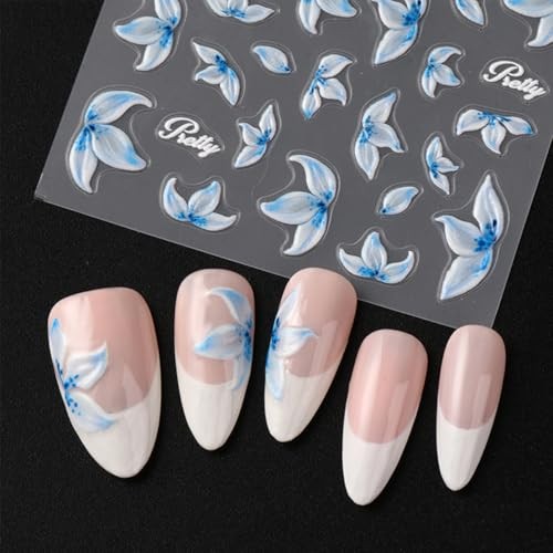 Flower Nail Art Stickers Decals Blue White Flower Nail Decals blue white flower