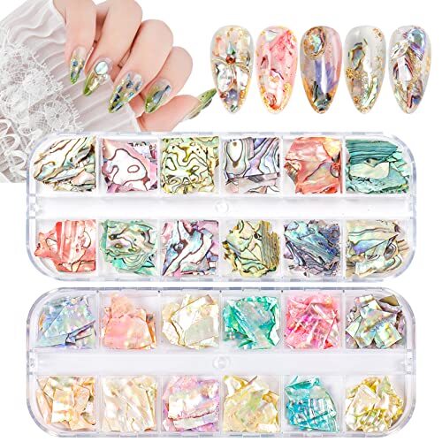 24 Grids Seashell Nail Art Nail Flakes, Irregular Abalone Seashell colorfulA
