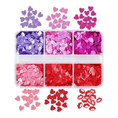 6 Grids Valentines Nail Art Glitter Sequins 3D Red Pink Purple Heart