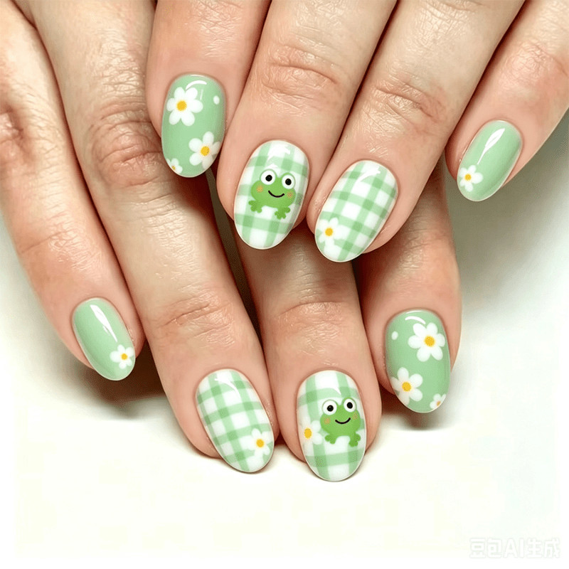 48Pcs Almond Green Plaid Frog Press on Nails Cute Flower Daily Casual Wear