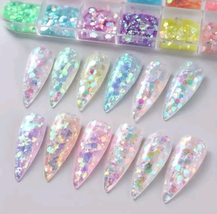 FULL BEAUTY 12 Grids Hexagonal Nail Glitter Flakes, Hypoallergenic Sparkly