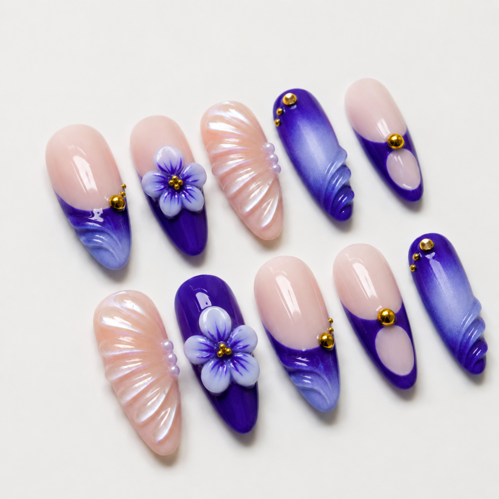 Handmade Purple Nude Press On Nails 3D Flower Gold Tone Nail Set