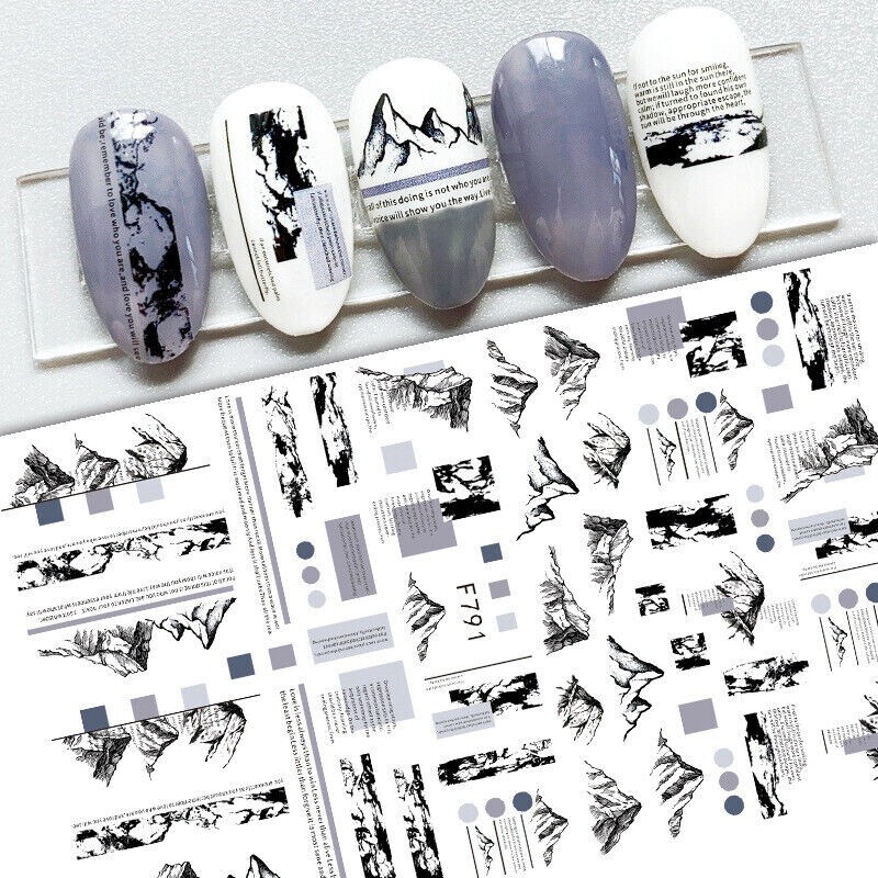 Nail Art Stickers Decal Mountain Newspaper Letters Black White Line F791 NS41