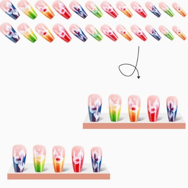 Rainbow Glitter Hibiscus Press on Nails, Long Square Gradient Flower Fake Nails