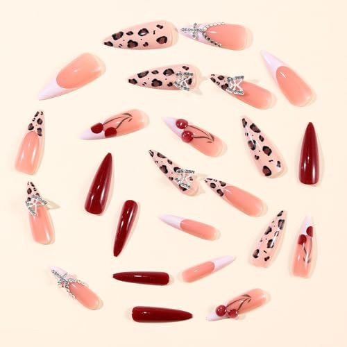 Press on Nails Long Stiletto Fake Nails with 3D Cherry, Butterfly AS1-017
