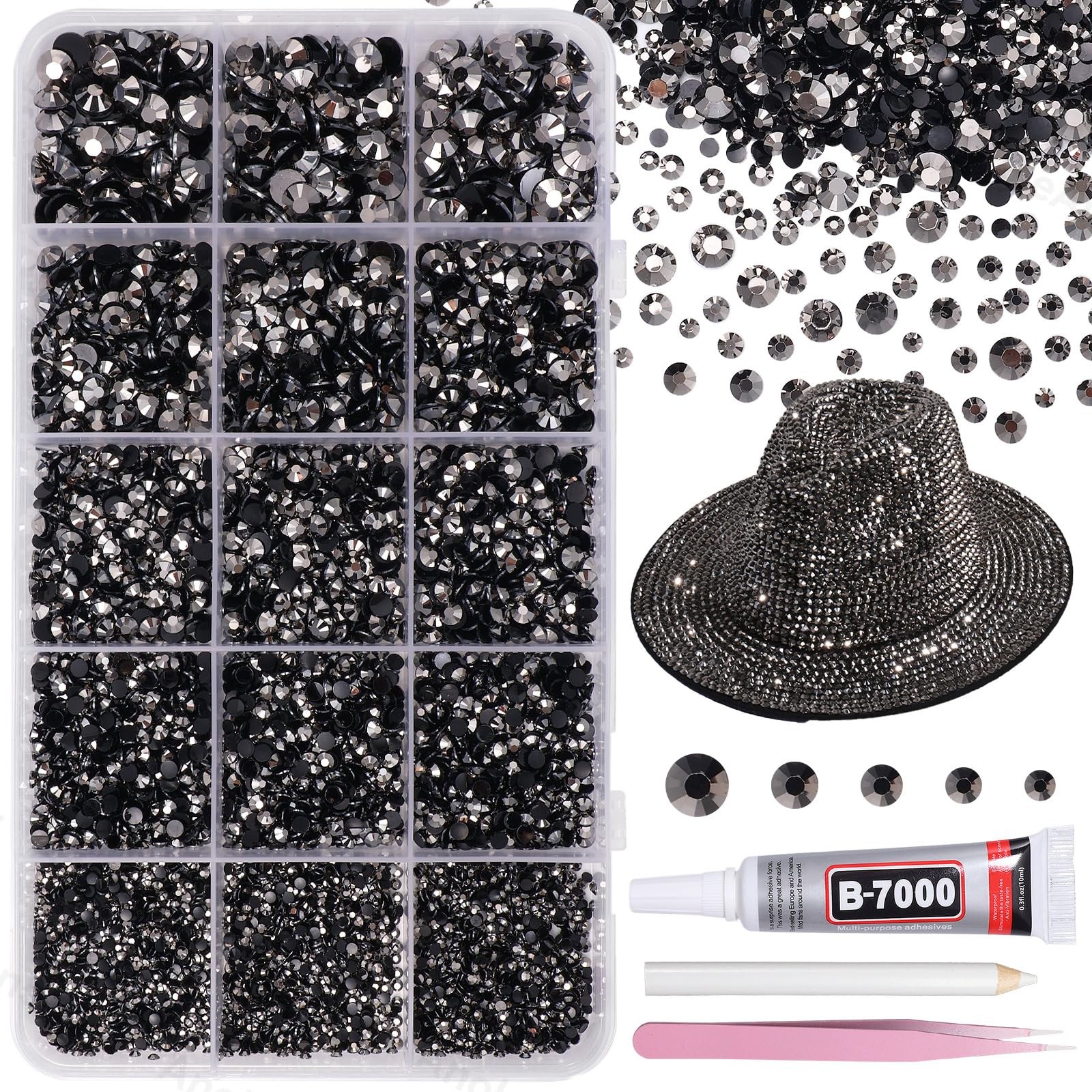12000Pcs Black Silver Rhinestones for Bedazzling Kit, 2/3/4/5/6mm Mix Sizes J…