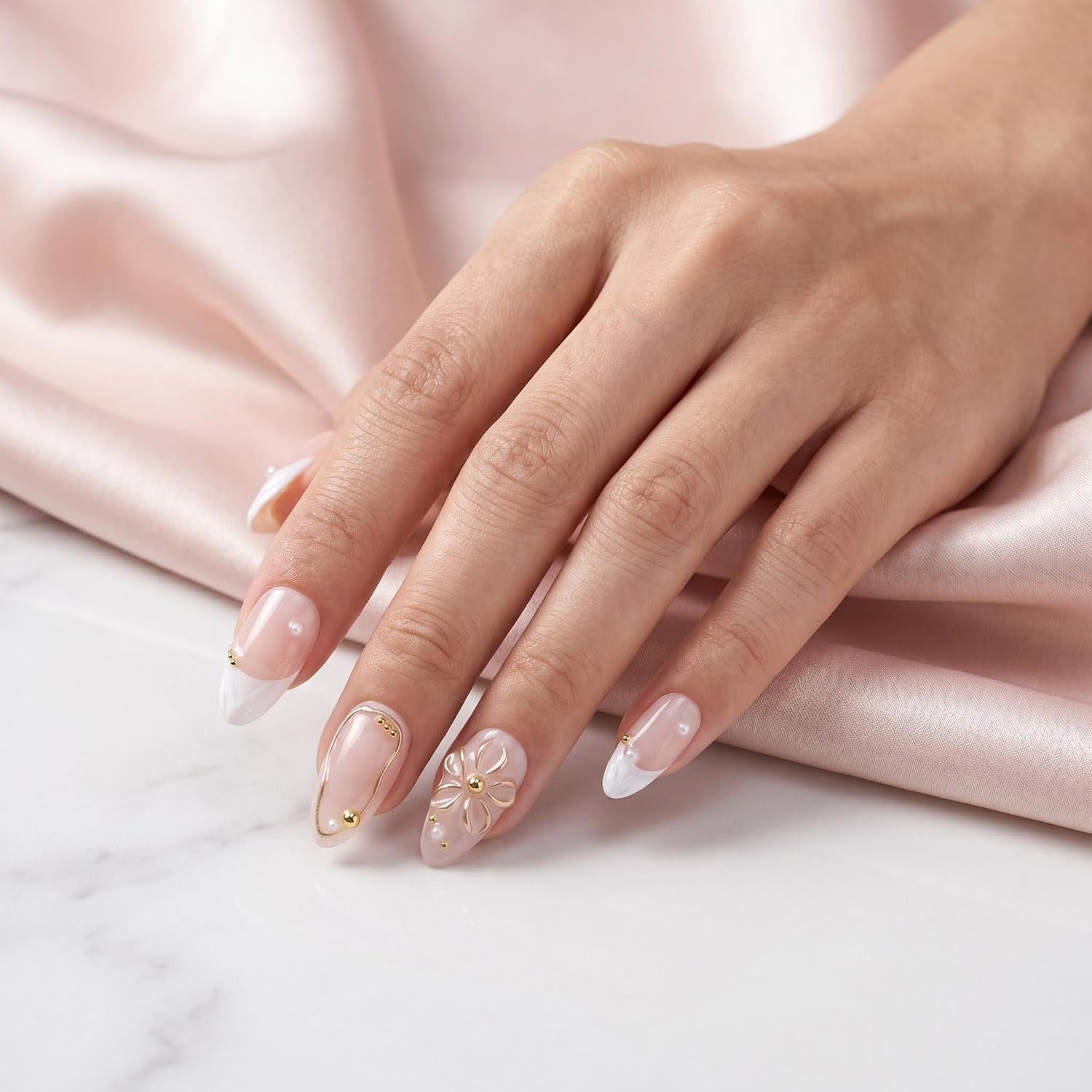 EasierGlow Nails 1TA02 Nude Gold Flower Pearl S