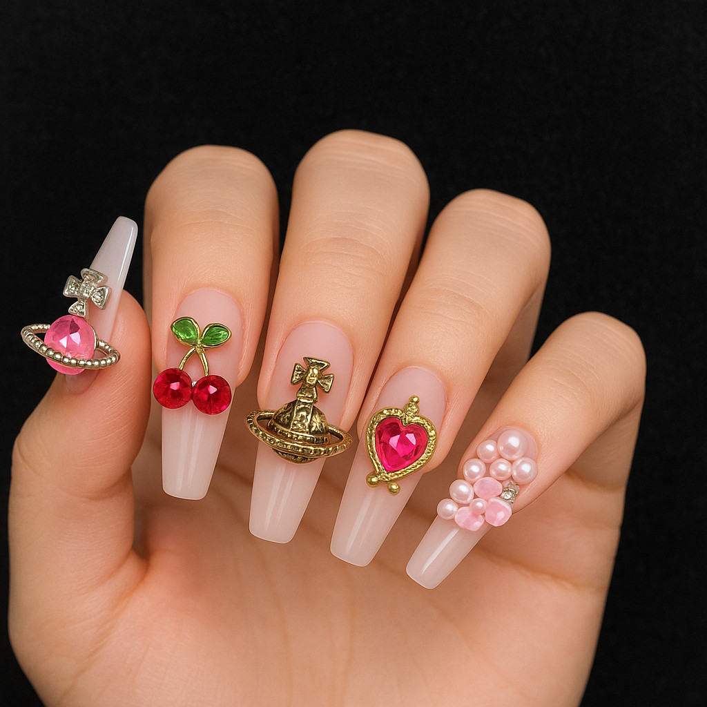 (5 BOXES) TATIWOO 3D NAIL ART CHARMS 24PCS PINK BOW HEART STAR BUTTERFLY DECALS