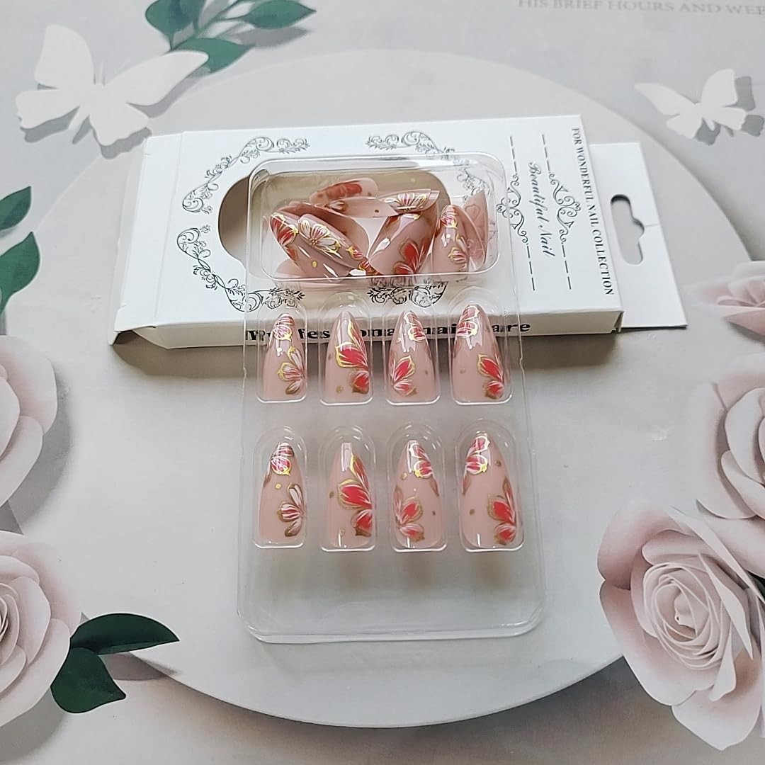 24 Pcs Pink Press on Nails Short Almond,Fake Nails Press ons Nail Tips Full C…