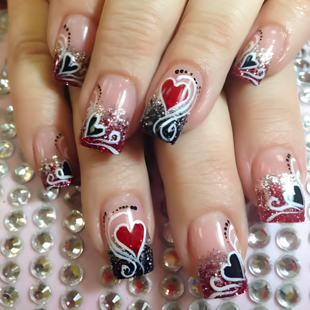 24pcs White/Red Polka Dot 3D Heart Press-On Nails. Waterproof, Reusable Gift.