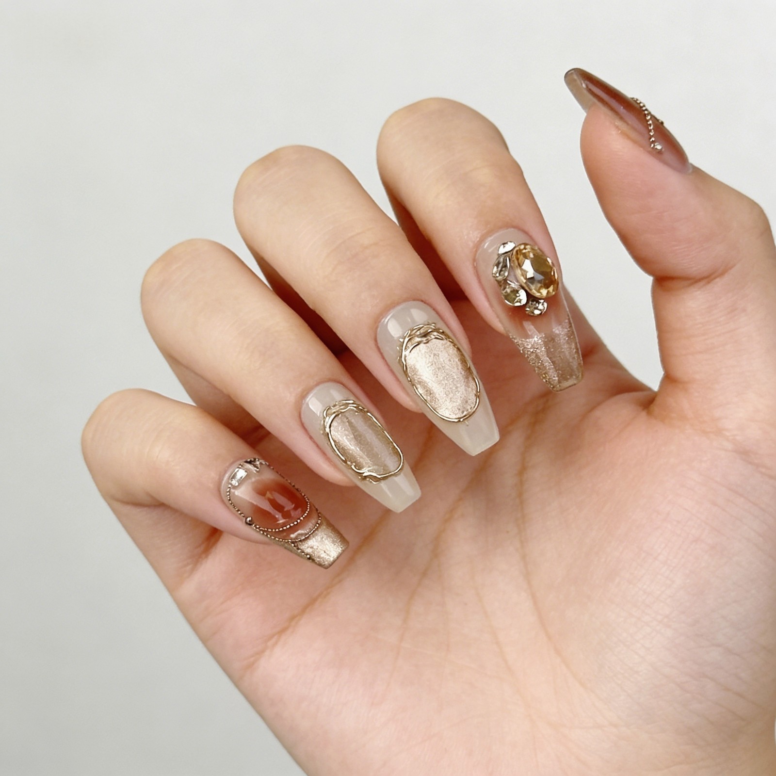 Marble Brown Cat Eye Amber Press On Nails, 3D Gold Luxury Handmade Nail Set