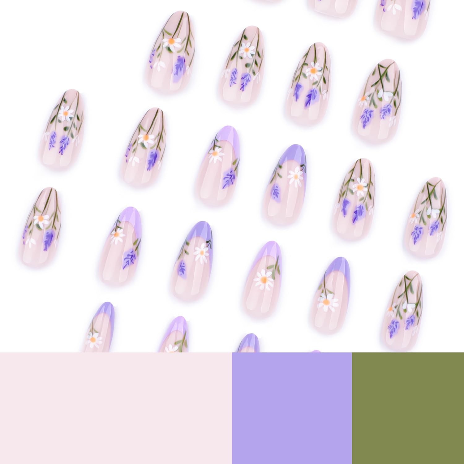 Summer French Tip Press On Nails Flower Design Almond Medium Glossy Fake Nails