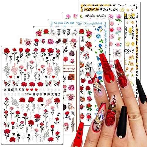 6 Sheets Flower Nail Art Stickers 3D Blue Pink Red Rose Nail Decals Spring