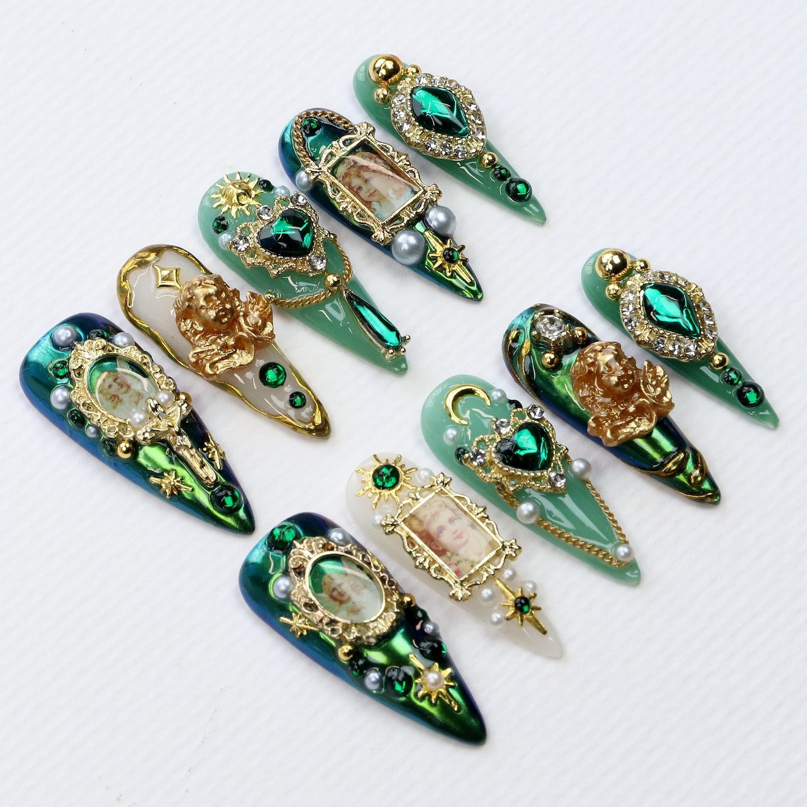 Handmade Vintage Angel Portrait Emerald Rhinestone Pearl Stiletto Press on Nails